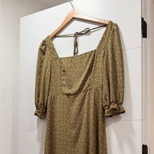 O.P.T Elegant Olive Floral Long Sleeve Dress